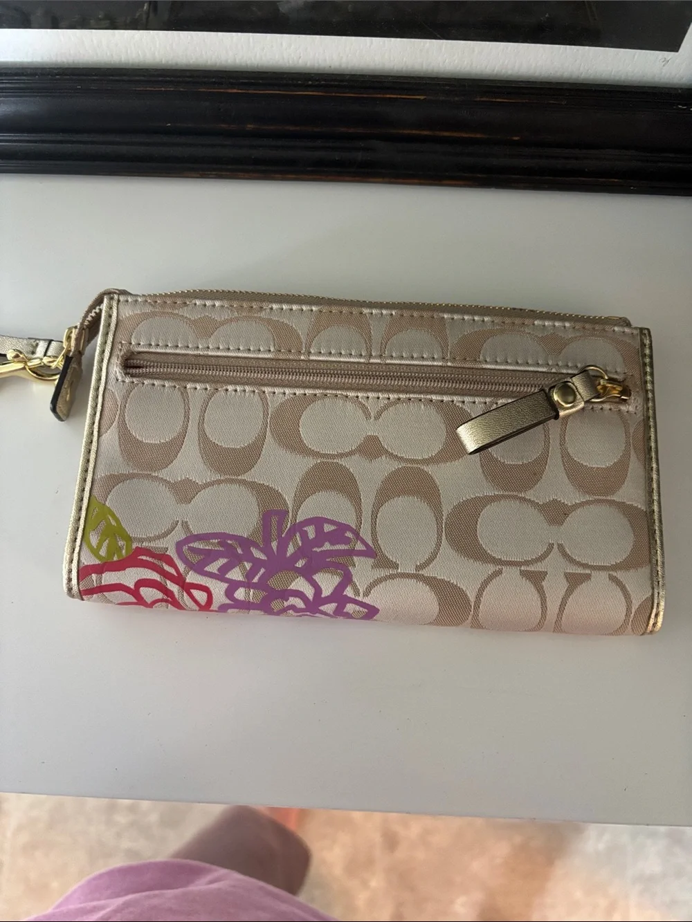 Coach Beige Signature Floral Wristlet with Gold Trim